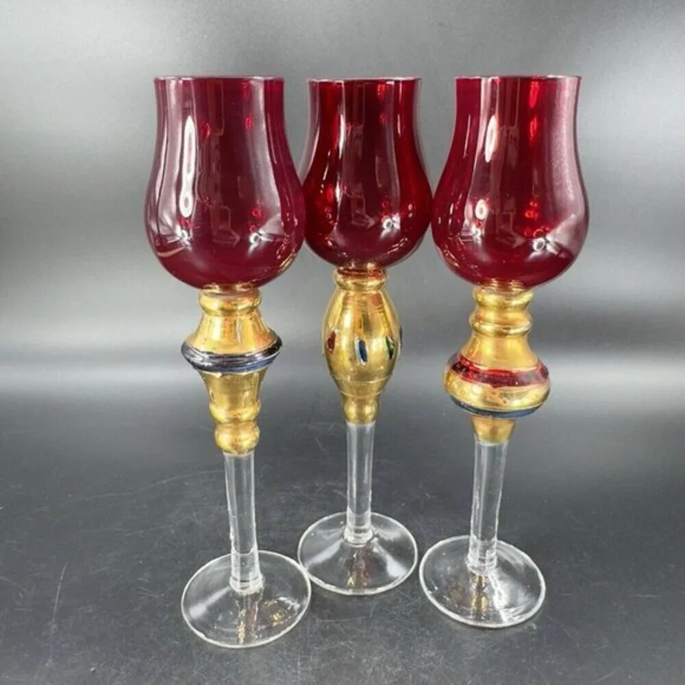 Bombay Company Romanov Ruby Gold Long Stem Cordial Glasses Cadmium UV Glow Set 3